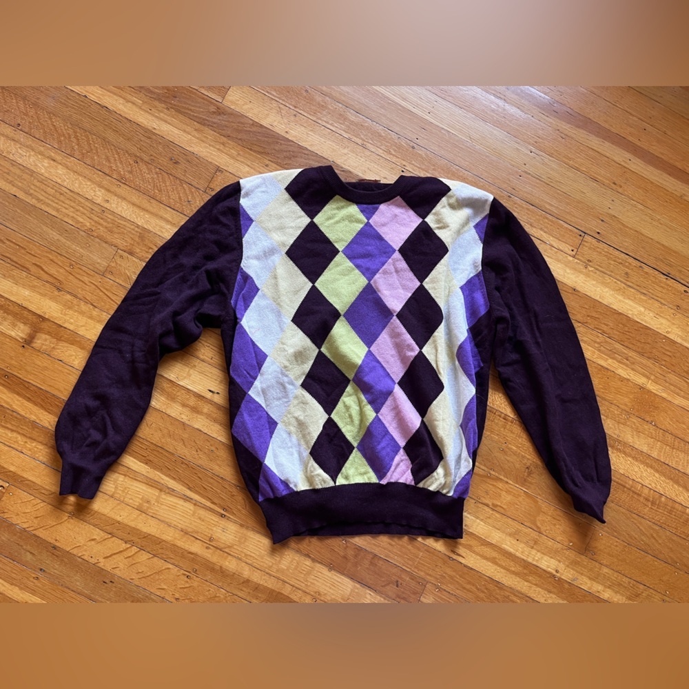 Vintage Ritz Saddler argyle cashmere sweater geometric maroon lavender yellow M